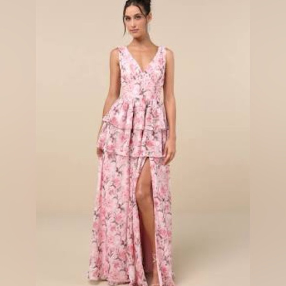 floral pink Jacquard ruffled peplum  maxi dress with high front slit